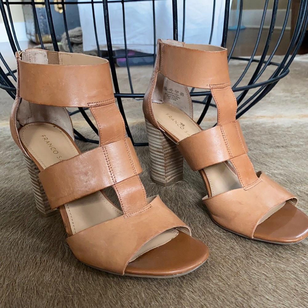 EUC Franco Sarto Heeled Tan Leather Sandal Sz 9.5